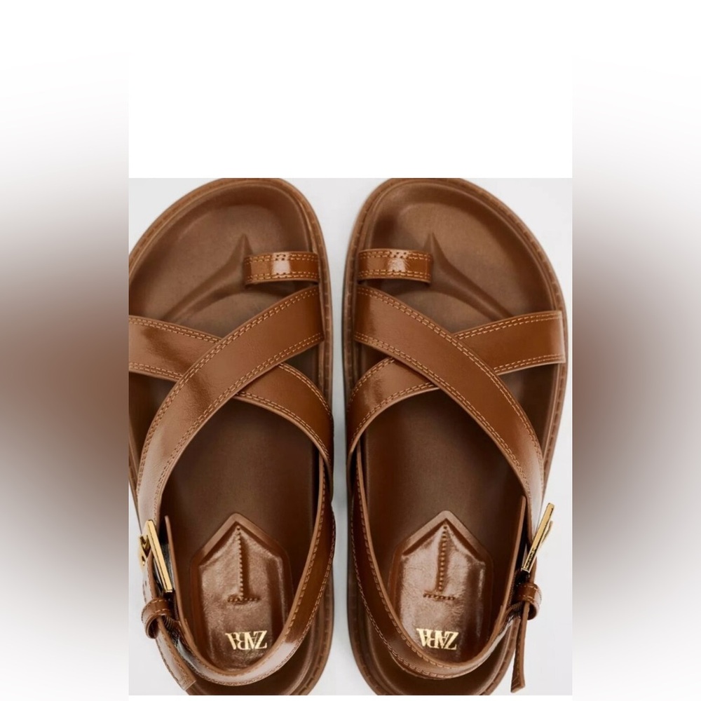 Zara Tan Leather Sandals with Gold Buckle